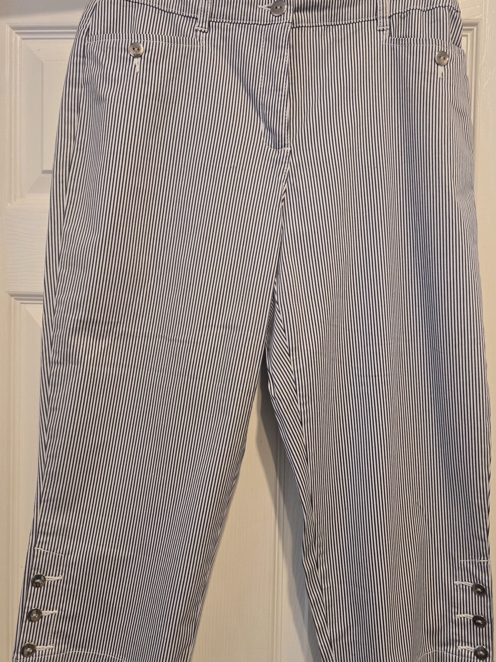 Karen Scott Blue White Seersucker Striped Capri Pants 10